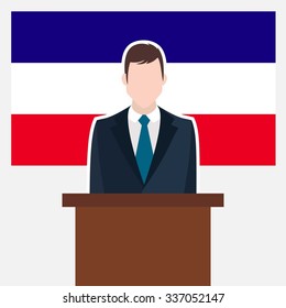 Man in suit standing at rostrum Front of Los Altos Country Flag. business man Presentation conference concept. Modern flat design vector illustration. Country Flag background