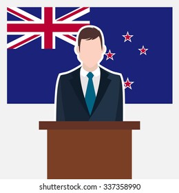 Man in suit standing at rostrum Front of New Zealand Country Flag. business man Presentation conference concept. Modern flat design vector illustration. Country Flag background