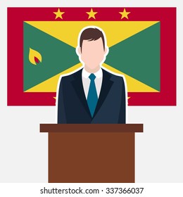 Man in suit standing at rostrum Front of Grenada Country Flag. business man Presentation conference concept. Modern flat design vector illustration. Country Flag background 