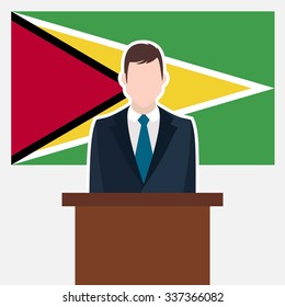 Man in suit standing at rostrum Front of Guyana Country Flag. business man Presentation conference concept. Modern flat design vector illustration. Country Flag background 
