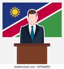 Man in suit standing at rostrum Front of Namibia Country Flag. business man Presentation conference concept. Modern flat design vector illustration. Country Flag background 