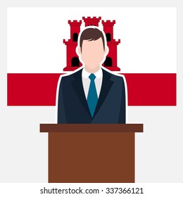 Man in suit standing at rostrum Front of Gibraltar Country Flag. business man Presentation conference concept. Modern flat design vector illustration. Country Flag background 