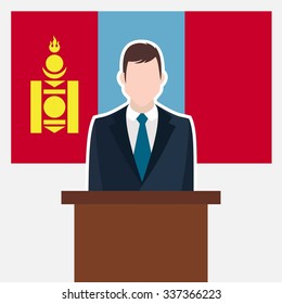 Man in suit standing at rostrum Front of Mongolia Country Flag. business man Presentation conference concept. Modern flat design vector illustration. Country Flag background 