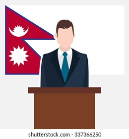 Man in suit standing at rostrum Front of Nepal Country Flag. business man Presentation conference concept. Modern flat design vector illustration. Country Flag background 