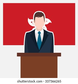 Man in suit standing at rostrum Front of Hongkong Country Flag. business man Presentation conference concept. Modern flat design vector illustration. Country Flag background 