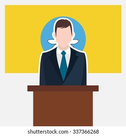 Man in suit standing at rostrum Front of Kalmykia Country Flag. business man Presentation conference concept. Modern flat design vector illustration. Country Flag background 