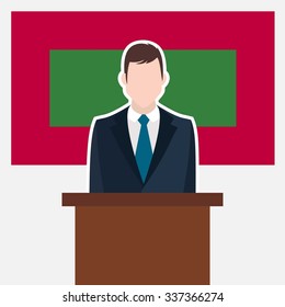 Man in suit standing at rostrum Front of Maldivies Country Flag. business man Presentation conference concept. Modern flat design vector illustration. Country Flag background 