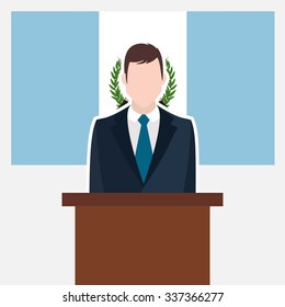 Man in suit standing at rostrum Front of Guatemala Country Flag. business man Presentation conference concept. Modern flat design vector illustration. Country Flag background 