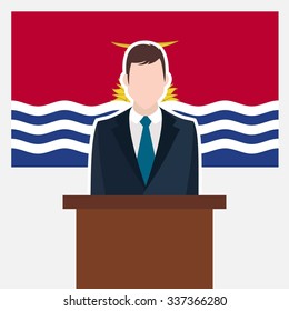Man in suit standing at rostrum Front of Kiribati Country Flag. business man Presentation conference concept. Modern flat design vector illustration. Country Flag background 