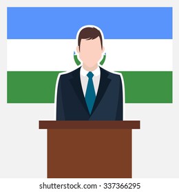 Man in suit standing at rostrum Front of Bashkortostan Country Flag. business man Presentation conference concept. Modern flat design vector illustration. Country Flag background 
