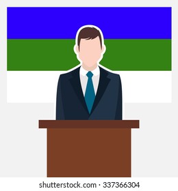 Man in suit standing at rostrum Front of Komi Country Flag. business man Presentation conference concept. Modern flat design vector illustration. Country Flag background 