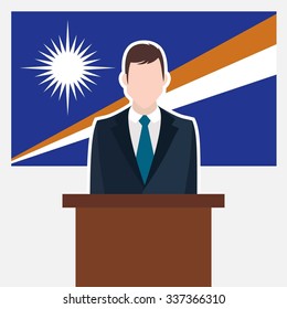 Man in suit standing at rostrum Front of Marshall Islands Country Flag. business man Presentation conference concept. Modern flat design vector illustration. Country Flag background 