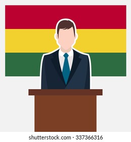 Man in suit standing at rostrum Front of Bolivia Country Flag. business man Presentation conference concept. Modern flat design vector illustration. Country Flag background 