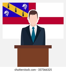 Man in suit standing at rostrum Front of Herm Country Flag. business man Presentation conference concept. Modern flat design vector illustration. Country Flag background 
