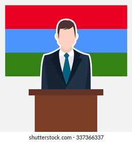 Man in suit standing at rostrum Front of Karelia Country Flag. business man Presentation conference concept. Modern flat design vector illustration. Country Flag background 