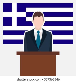 Man in suit standing at rostrum Front of Greece Country Flag. business man Presentation conference concept. Modern flat design vector illustration. Country Flag background 