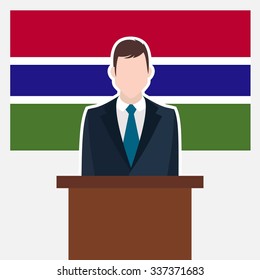 Man in suit standing at rostrum Front of Gambia Country Flag. business man Presentation conference concept. Modern flat design vector illustration. Country Flag background 