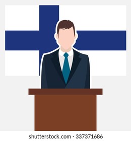 Man in suit standing at rostrum Front of Finland Country Flag. business man Presentation conference concept. Modern flat design vector illustration. Country Flag background 