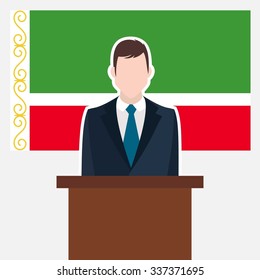 Man in suit standing at rostrum Front of Chechen Republic Country Flag. business man Presentation conference concept. Modern flat design vector illustration. Country Flag background 