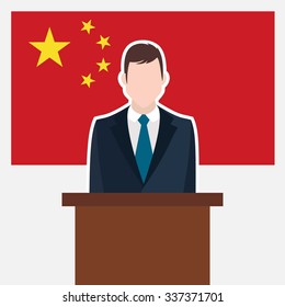 Man in suit standing at rostrum Front of China Country Flag. business man Presentation conference concept. Modern flat design vector illustration. Country Flag background 