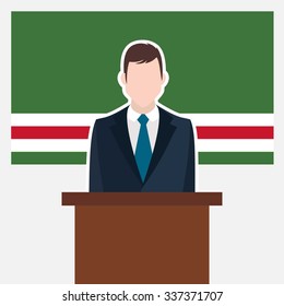 Man in suit standing at rostrum Front of Chechen Republic of Lchkeria Country Flag. business man Presentation conference concept. Modern flat design vector illustration. Country Flag background 