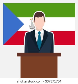 Man in suit standing at rostrum Front of Equatorial Guinea Country Flag. business man Presentation conference concept. Modern flat design vector illustration. Country Flag background 