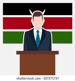 Man in suit standing at rostrum Front of Kenya Country Flag. business man Presentation conference concept. Modern flat design vector illustration. Country Flag background 