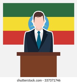 Man in suit standing at rostrum Front of Ethiopia Country Flag. business man Presentation conference concept. Modern flat design vector illustration. Country Flag background 