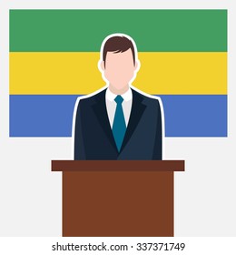 Man in suit standing at rostrum Front of Gabon Country Flag. business man Presentation conference concept. Modern flat design vector illustration. Country Flag background 