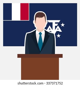 Man in suit standing at rostrum Front of French Southern and Antarctic Lands Country Flag.business man Presentation conference concept. Modern flat design vector illustration.Country Flag background 