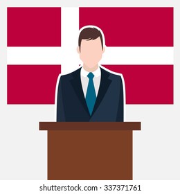 Man in suit standing at rostrum Front of Denmark Country Flag. business man Presentation conference concept. Modern flat design vector illustration. Country Flag background 