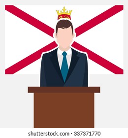 Man in suit standing at rostrum Front of Jersey Country Flag. business man Presentation conference concept. Modern flat design vector illustration. Country Flag background 