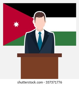Man in suit standing at rostrum Front of Jordan Country Flag. business man Presentation conference concept. Modern flat design vector illustration. Country Flag background 