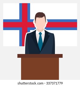 Man in suit standing at rostrum Front of Faroe Islands Country Flag. business man Presentation conference concept. Modern flat design vector illustration. Country Flag background 