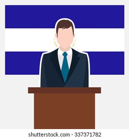 Man in suit standing at rostrum Front of El Salvador Country Flag. business man Presentation conference concept. Modern flat design vector illustration. Country Flag background 