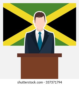 Man in suit standing at rostrum Front of Jamaica Country Flag. business man Presentation conference concept. Modern flat design vector illustration. Country Flag background 