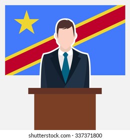 Man in suit standing at rostrum Front of Democratic Republic of the Congo Country Flag. business man Presentation conference concept. Modern flat design vector illustration. Country Flag background 