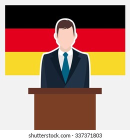 Man in suit standing at rostrum Front of Germany Country Flag. business man Presentation conference concept. Modern flat design vector illustration. Country Flag background 