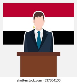 Man in suit standing at rostrum Front of Egypt Country Flag. business man Presentation conference concept. Modern flat design vector illustration. Country Flag background