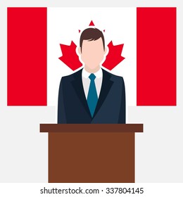 Man in suit standing at rostrum Front of Canada Country Flag. business man Presentation conference concept. Modern flat design vector illustration. Country Flag background