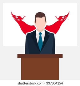 Man in suit standing at rostrum Front of Easter Island Rapa Nui Country Flag. business man Presentation conference concept. Modern flat design vector illustration. Country Flag background