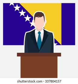 Man in suit standing at rostrum Front of Bosnia and Herzegovina Country Flag. business man Presentation conference concept. Modern flat design vector illustration. Country Flag background.