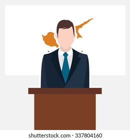 Man in suit standing at rostrum Front of Cyprus Country Flag. Business man Presentation conference concept. Modern flat design vector illustration. Country Flag background.