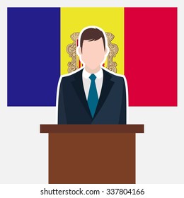 Man in suit standing at rostrum Front of Andorra Country Flag. business man Presentation conference concept. Modern flat design vector illustration. Country Flag background.