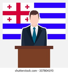 Man in suit standing at rostrum Front of Ajaria Country Flag. Business man Presentation conference concept. Modern flat design vector illustration. Country Flag background.