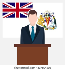 Man in suit standing at rostrum Front of British antarctic Territory Country Flag. Business man Presentation conference concept. Modern flat design vector illustration. Country Flag background.