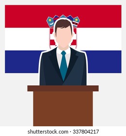 Man in suit standing at rostrum Front of Croatia Country Flag. Business man Presentation conference concept. Modern flat design vector illustration. Country Flag background.
