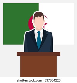 Man in suit standing at rostrum Front of Alegeria Country Flag. Business man Presentation conference concept. Modern flat design vector illustration. Country Flag backgroundAlegeria.