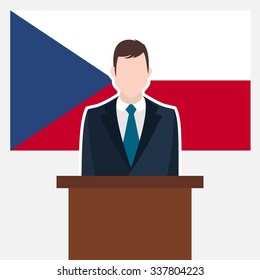 Man in suit standing at rostrum Front of Czech Republic Country Flag. Business man Presentation conference concept. Modern flat design vector illustration. Country Flag background.