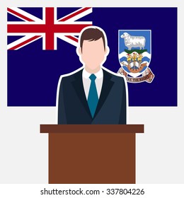 Man in suit standing at rostrum Front of Falkland Islands Country Flag. Business man Presentation conference concept. Modern flat design vector illustration. Country Flag background.